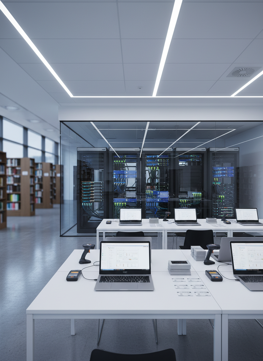 A wide shot of a modern academic library technology hub, with rows of sleek black server racks and network switches behind a glass partition, and a long white workstation in the foreground covered with neatly arranged laptops, barcode scanners, RFID readers, and neatly stacked library cards. Soft, cool LED ceiling lights bathe the space in even illumination, creating crisp reflections on the polished concrete floor. Large floor-to-ceiling windows along one wall reveal shelves of academic books softly blurred in the background. Photographic realism, eye-level composition with sharp focus throughout, conveying a professional, organized, and highly technical atmosphere that suggests robust library systems support without feeling like generic stock imagery.
