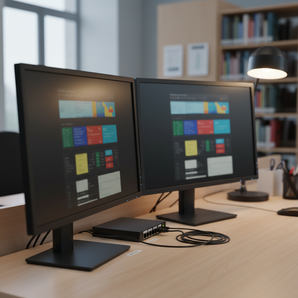 A close-up, photographic view of a dual-monitor workstation in an academic library back office, screens displaying a complex integrated library system dashboard with colorful charts and catalog records, all abstracted and slightly out of focus to avoid readable text. The dark matte finish of the monitors contrasts with a light birch desk holding an external drive, neatly coiled cables, and a labeled network switch. Cool, diffused light from a nearby window combines with the soft glow of task lighting, creating gentle reflections on the screens. Shot from a three-quarter angle with a shallow depth of field, the mood is focused and analytical, emphasizing library systems management, automation, and data-driven decision-making.
