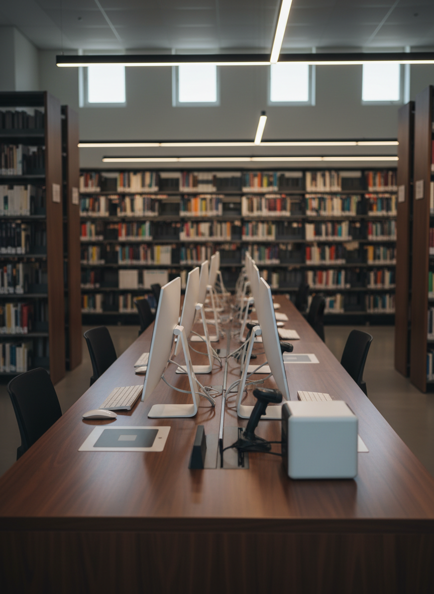 An elevated, photographic view of an academic library circulation desk transformed into a technology command center, featuring multiple slim all-in-one terminals, an RFID pad, barcode scanners, and a compact label printer, all aligned with meticulous precision. Behind the desk, tall shelves of academic monographs and journals create a structured backdrop, slightly softened by depth of field. Neutral, warm-white overhead lighting blends with subtle daylight from high clerestory windows, casting soft, professional shadows. The composition uses the rule of thirds, drawing the eye along the line of equipment to the stacks beyond. The atmosphere feels efficient and forward-looking, representing streamlined workflows and modern library service automation.