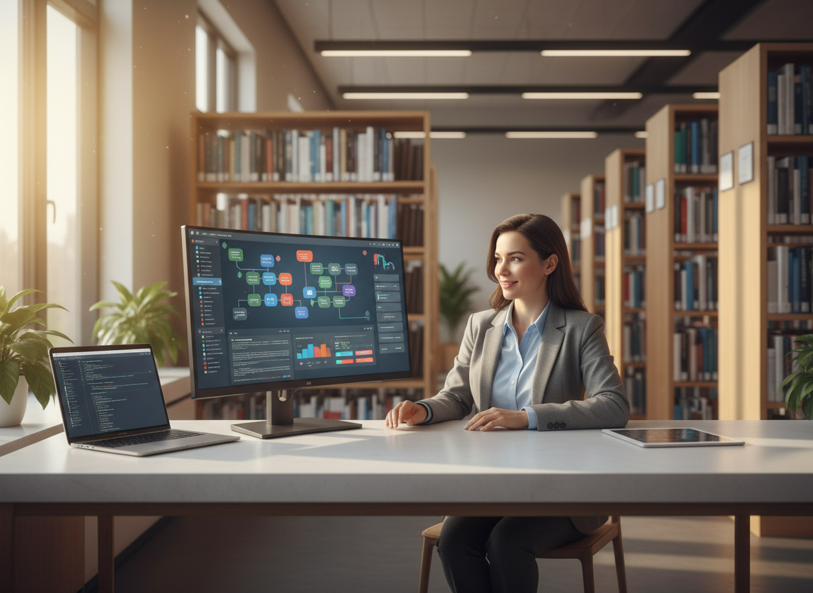 A modern academic library environment blended with technology — a librarian at a clean white desk using a SaaS dashboard on a large monitor showing API data visualizations and system integrations, with physical library shelves of books softly blurred in the background. On the desk: a laptop with code/API documentation visible, and a tablet showing a library management system UI. Warm natural light from large windows, professional and polished atmosphere. Photorealistic, wide landscape composition.
