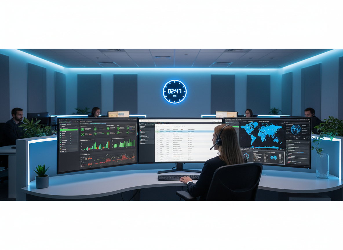 A professional 24/7 support operations center — a focused support specialist sitting at a modern desk with multiple monitors showing library system dashboards, ticket queues, and real-time system status indicators. The room has a calm, professional atmosphere with soft blue ambient lighting suggesting round-the-clock availability. A large wall clock visible in the background. Clean, corporate environment. Photorealistic, wide landscape composition conveying reliability and always-on support.