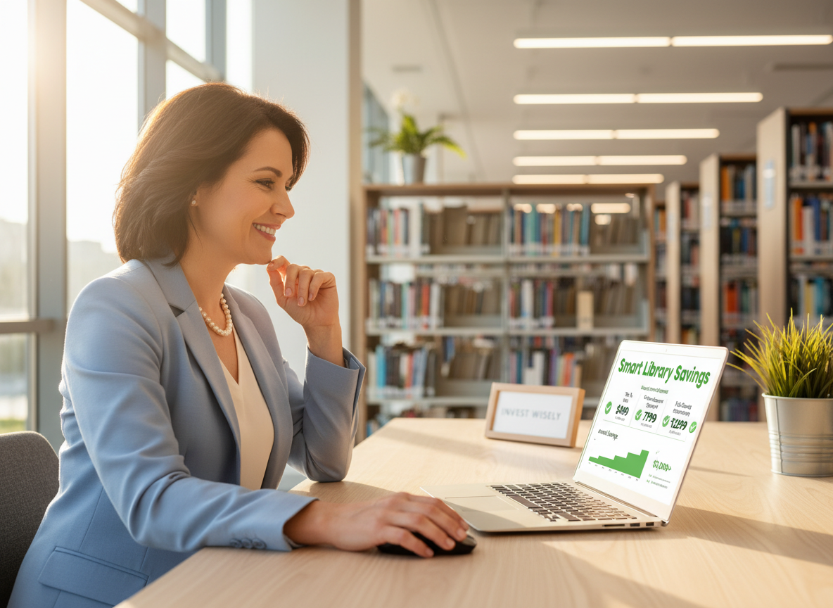 A professional and approachable scene conveying cost-effective library support — a librarian or library administrator reviewing a clear, simple budget report or cost summary on a laptop screen, with a satisfied expression. Clean, bright office environment with library shelves softly visible in the background. The screen shows green checkmarks, affordable pricing tiers, or a clear savings chart. Warm, reassuring atmosphere that communicates value for money and smart investment. Photorealistic, wide landscape composition.
