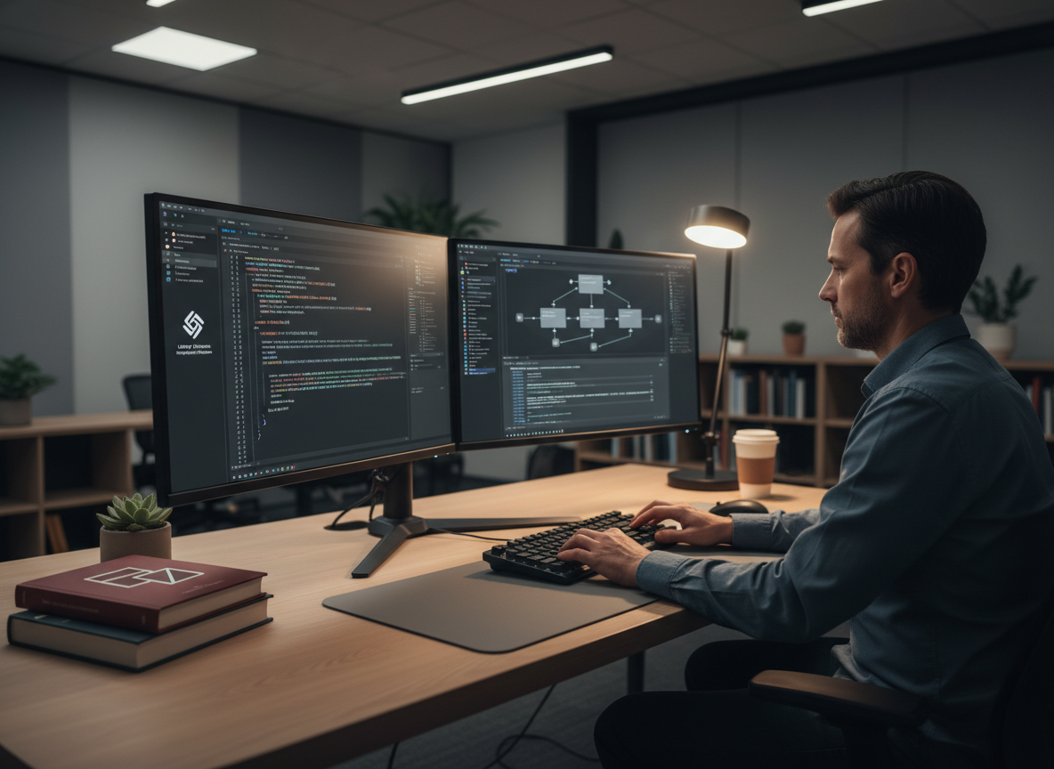 A developer at a dual-monitor workstation writing code for library systems integrations. The setup features two modern monitors displaying a code editor with API documentation visible, integration diagrams, and JSON payload examples. The developer's desk is organized with a keyboard, mouse, and neatly stacked reference materials. Modern office lighting creates professional shadows. The environment suggests focused technical work on API customization and software integration for academic library systems. Professional, modern tech atmosphere without readable text.