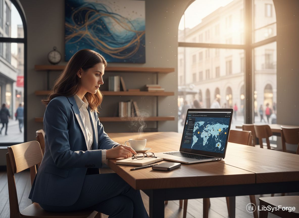 Professional remote library systems support: A systems librarian working on a laptop from a modern coffee shop or home office, with API documentation and global connectivity visuals on screen. Warm, professional atmosphere with coffee and desk accessories, suggesting expert support available from anywhere in the world.